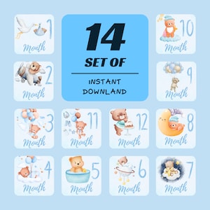Étapes marquantes du mois pour bébé, garçon, imprimable, lot de 14, cartes de progrès de bébé, cartes étape de bébé, cadeau nouveau-né, bébé garçon mignon ours jalon mois