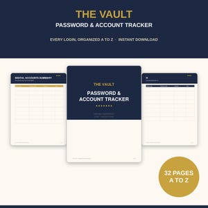 May include: A digital password and account tracker document titled THE VAULT, featuring a dark blue and cream color scheme. The layout includes a summary page, a cover page, and an alphabetical section page, with a gold circle stating 32 PAGES A TO Z.