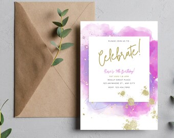 Pink Watercolor Birthday Party Invitation, Editable Template (Digital Download)
