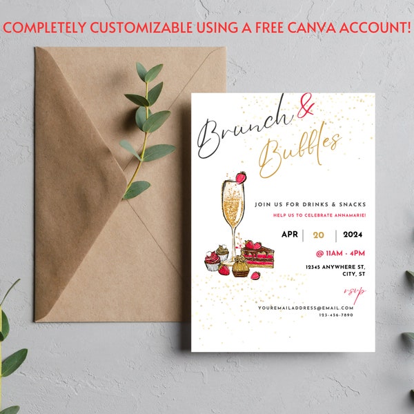Digital Invite Brunch and Bubbles Invitation Template, Instant Download, Editable Brunch Champagne, Cocktails and Appetizer Ladies Event