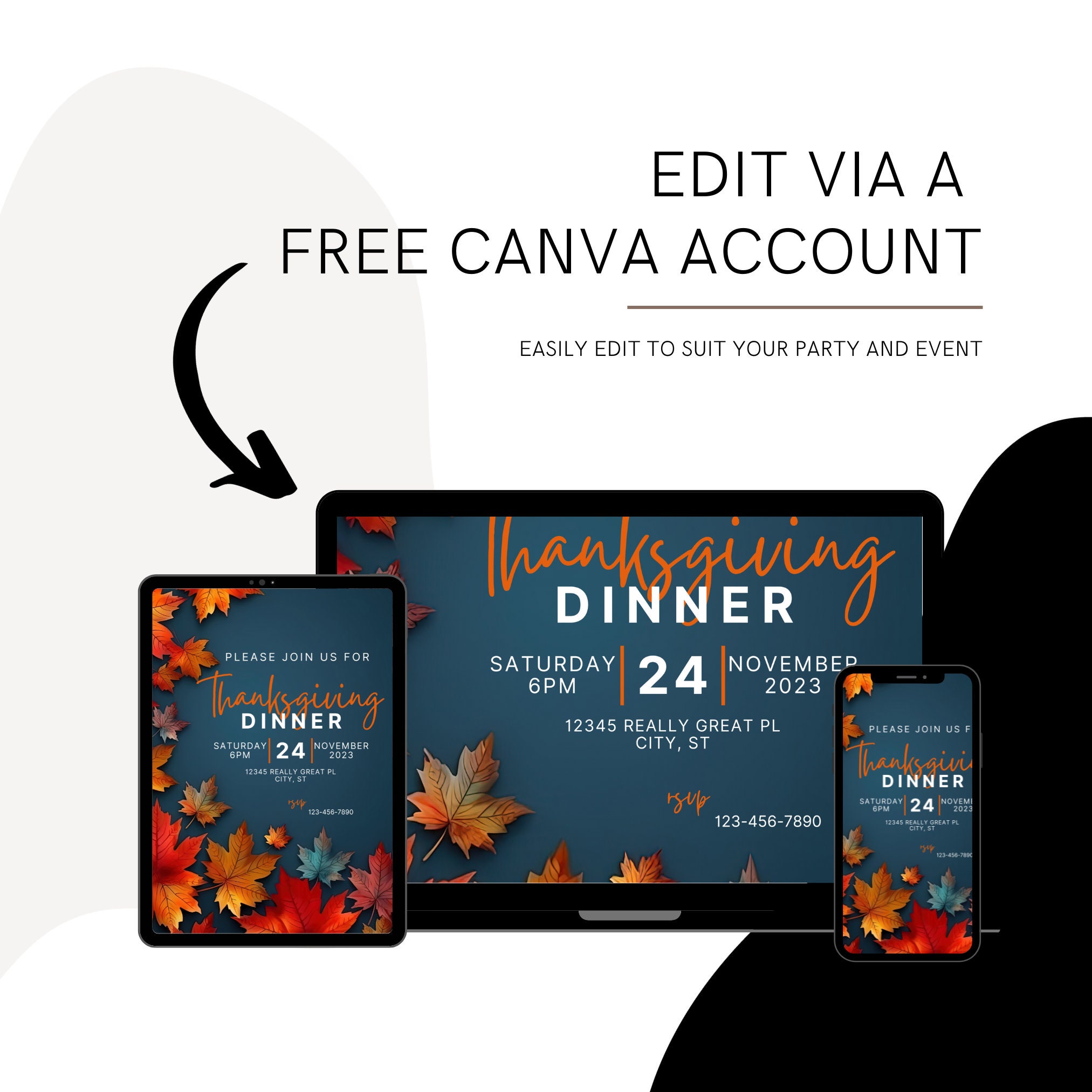 Editable Friendsgiving Invitation Template, Autumn Leaves (digital ...
