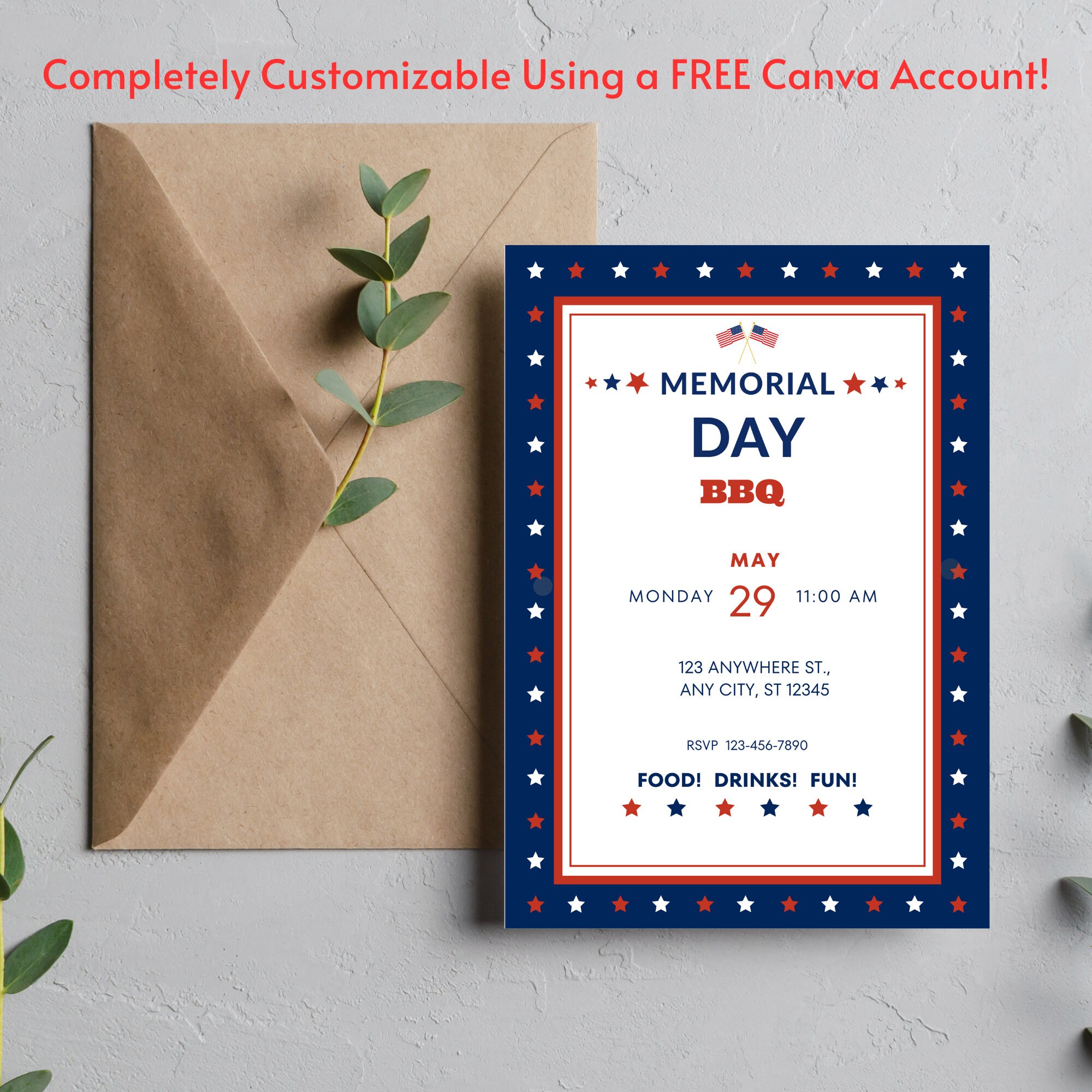 Memorial Day BBQ Invitation, Patriotic Stars, Editable Template (canva ...