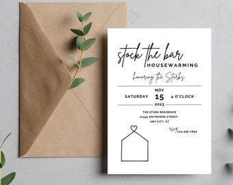 Modern "Stock the Bar" Housewarming Invitation (Editable Canva Template)