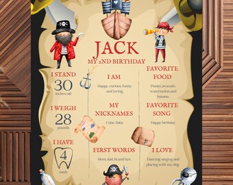 May include: A printable birthday chart for a 2-year-old boy with a pirate theme. The chart features a cartoon pirate with a red beard and a black eye patch. The chart includes information about the child's age, height, weight, favorite foods, and songs. The chart is decorated with a pirate ship, an anchor, a treasure chest, and a sword.
