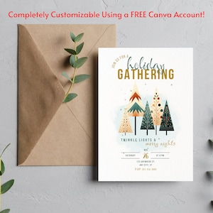 Christmas Party Invitation, Holiday Party Invitation Template, Christmas Pine trees, Editable Holiday Invitation, Modern Gold Green