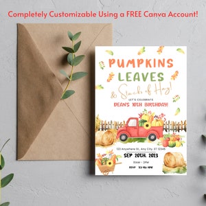 Editable Birthday Invitation Fall Birthday Autumn Birthday Farm Truck Pumpkin Patch Any Age Personalized Printable Invitation