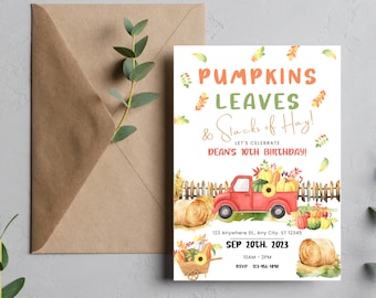 Invitación de cumpleaños de otoño: Camión de granja, huerto de calabazas (editable, imprimible)