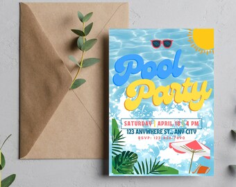 Editable Pool Party Invitation Template, Summer Birthday (Digital Download)