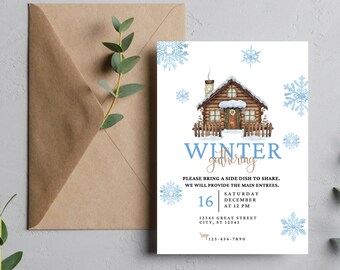 May include: A winter-themed invitation with a blue and white snowflake design. The invitation features a cartoon illustration of a wooden cabin with a chimney and a wreath on the door. The text on the invitation reads "WINTER gathering" and includes details about the event, such as the date, time, and location. Please bring a side dish to share. We will provide the main entrees.
