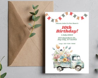 May include: A printable birthday invitation featuring a blue truck with a floral arrangement in the bed. The invitation is decorated with colorful bunting and reads "Please Join Us For Rose's 10th Birthday! 1 July 2023 123 Anywhere St., Any City, ST 12345 rsup: 123-456-7890".