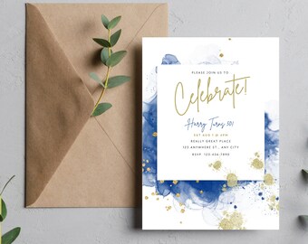 Blue Gold Birthday Invitation, Editable Canva Template (Digital Download)