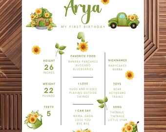 May include: A watercolor illustration of a first birthday sign for a baby girl named Arya. The sign features a sunflower theme with a house, a truck, and a watering can. The sign includes details about the baby's height, weight, teeth, favorite foods, nicknames, toys, and songs.