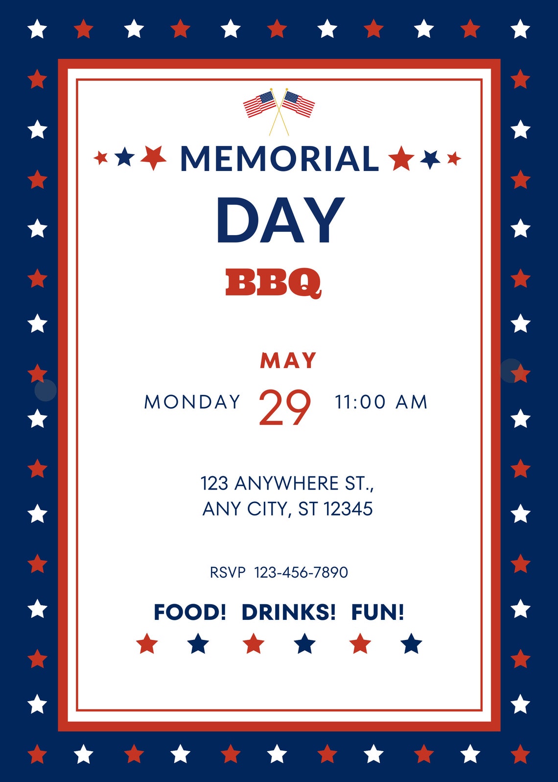 Memorial Day BBQ Invitation, Patriotic Stars, Editable Template (canva ...