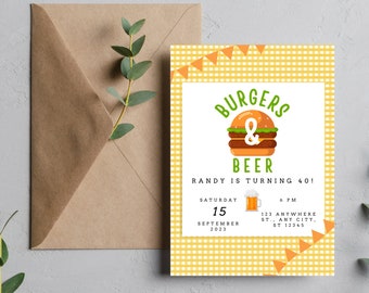 Könnte beinhalten: Eine gelbe und weiße karierte Einladung mit einer Cartoon-Illustration von Burger und Bier. Der Text lautet "Burgers & Beer Randy wird 40! Samstag, 15. September 2023, 18:00 Uhr, 123 Anywhere St., Any City, ST 12345."