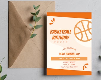 Puede incluir: Invitación a una fiesta de cumpleaños de baloncesto en naranja y blanco con un gráfico de baloncesto y el texto "Let's Celebrate Dean Turning 14!" Sáb 1 de julio de 2023 a la 1:00 PM. 123 Any Street, City, ST 12345. RSVP: 123-456-7890.