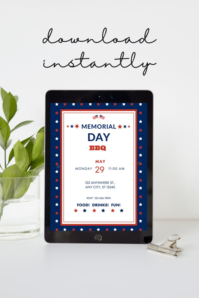 Memorial Day BBQ Invitation, Patriotic Stars, Editable Template (canva ...