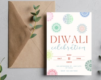 Può includere: Un invito bianco con un design di mandala colorato. Il testo sulla carta recita "Diwali celebration" con la data e l'ora dell'evento: "Nov 11, 2030, 7PM".