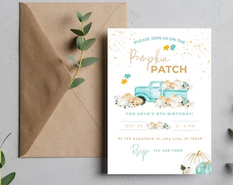 Fall Birthday Invitation, Farm Truck Pumpkin Patch (Editable, Printable)