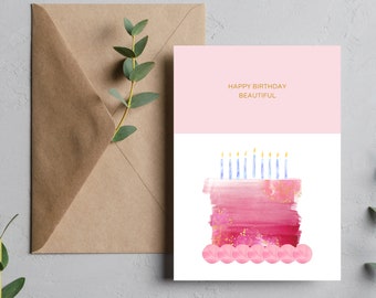 Editable Pink Cake Birthday Card, Printable Canva Template (5x7 PNG PDF)