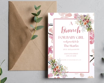 Plantilla de invitación para baby shower con diseño floral, invitación editable en Canva (5x7)
