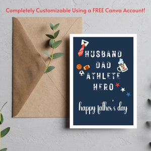 Editable Happy Father&#39;s Day, Husband, Dad, Athlete, Hero, Father&#39;s Day Card, Bonus Dad, Stepfather Stepdad, Unique, Sweet Cute Father&#39;s Day