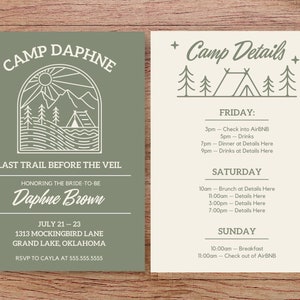 Camp Bachelorette Weekend Invitation Editable Template and Itinerary, Camping, Last Trail before the veil, glamping