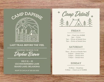 Camp Bachelorette Weekend Invitation Editable Template and Itinerary, Camping, Last Trail before the veil, glamping