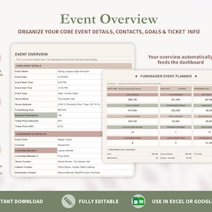 Pode incluir: Um modelo de planilha digital para planejamento de eventos com um formulário de visão geral e um painel de controle para arrecadação de fundos. O layout inclui seções para detalhes principais, contatos e rastreamento financeiro.