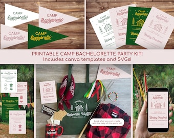 Digital Camp Bachelorette Party Kit with editable Canva Templates. Includes invitation, itinerary, panty game card, SVG and JPG files