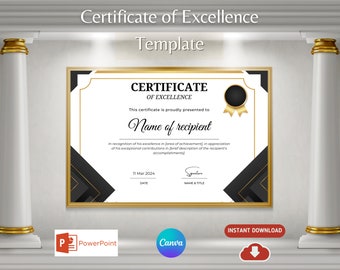 Editable Certificate of Excellence Template, PowerPoint and Canva (Digital Download)