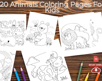 May include: A set of 20 printable coloring pages featuring cute animal illustrations. The pages include a whale, dolphin, octopus, squid, bear, lion, cow, and cat. The pages are perfect for kids to color and enjoy.