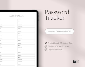 password tracker Printable, passwords tracker, password log, password tracker printable, password book, A4/A5/Letter Sizes, Fillable PDF