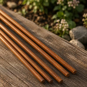 Könnte beinhalten: Drei lange, schlanke, zylindrische Stäbe mit einer texturierten, rostbraunen Metalloberfläche. Die Stäbe sind parallel zueinander angeordnet und weisen über ihre gesamte Länge ein einheitliches, verwittertes Aussehen mit flachen Enden auf.
