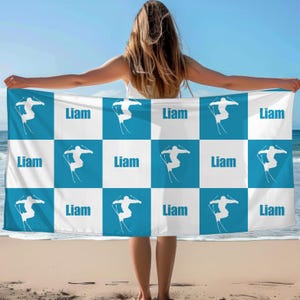 Custom Name Skier Beach Towel, Beach Towel With Name, Custom Ski Lover Gift, Cute Beach Towel, Personalized Boys Skiing Beach Towel