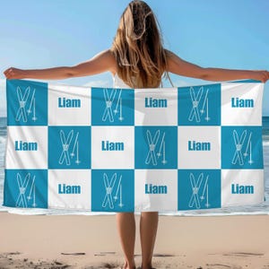 Custom Name Skier Beach Towel, Beach Towel With Name, Custom Ski Lover Gift, Cute Beach Towel, Personalized Boys Skiing Beach Towel