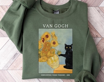 Van Gogh Cat Sweatshirt, Van Gogh Black Cat Hoodie, Cute Black Cat Shirt, Funny Cat Long Sleeve, Cat Lovers Gift, Gift For Her, Trendy Shirt