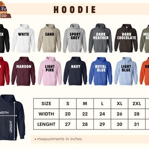 a collection of hooded sweatshirts in various colors and sizes, along with a size chart indicating the measurements in inches.