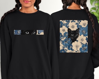 Black Cat Floral Sweatshirt, Two Sided Black Cat Cozy Sweater, Cat Lover Clothing, Cat Owner Apparel, Gift For Her, Cat Mom Hoodie, Cat Tee