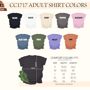 a collection of adult t-shirt colors, including black, white, peach, pink, blue jeans, moss, purple, yam, and orange. The colors are organized in a grid format, with each color listed alongside its corresponding size and width. The image also includes a black t-shirt with a leaf design, and the text provides measurements in inches for each color.