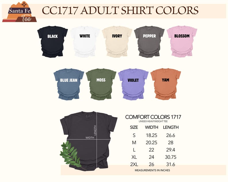 a collection of adult t-shirt colors, including black, white, peach, pink, blue jeans, moss, purple, yam, and orange. The colors are organized in a grid format, with each color listed alongside its corresponding size and width. The image also includes a black t-shirt with a leaf design, and the text provides measurements in inches for each color.