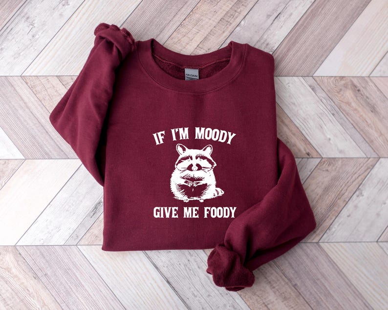 May include: Burgundy sweatshirt with a white raccoon graphic and the text "If I'm Moody Give Me Foody".