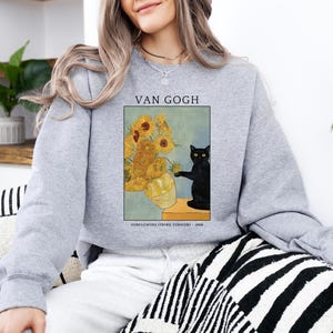 Van Gogh Cat Sweatshirt, Van Gogh Black Cat Hoodie, Cute Black Cat Shirt, Funny Cat Long Sleeve, Cat Lovers Gift, Gift For Her, Trendy Shirt image 4