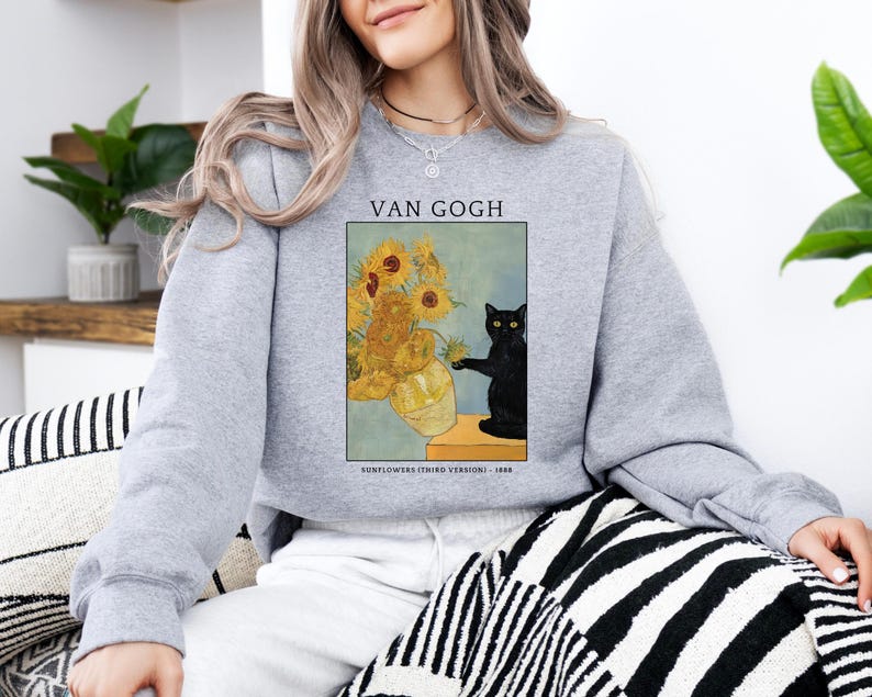Van Gogh Cat Sweatshirt, Van Gogh Black Cat Hoodie, Cute Black Cat Shirt, Funny Cat Long Sleeve, Cat Lovers Gift, Gift For Her, Trendy Shirt image 4