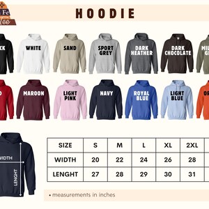a collection of hooded sweatshirts in various colors and sizes, along with a size chart indicating the measurements in inches.