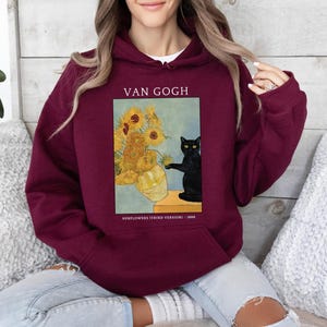 Van Gogh Cat Sweatshirt, Van Gogh Black Cat Hoodie, Cute Black Cat Shirt, Funny Cat Long Sleeve, Cat Lovers Gift, Gift For Her, Trendy Shirt image 5