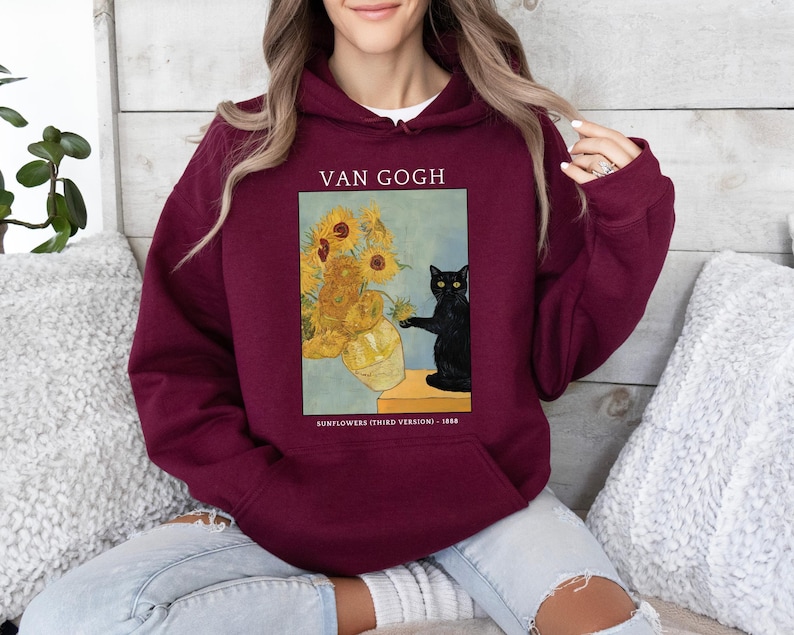 Van Gogh Cat Sweatshirt, Van Gogh Black Cat Hoodie, Cute Black Cat Shirt, Funny Cat Long Sleeve, Cat Lovers Gift, Gift For Her, Trendy Shirt image 5