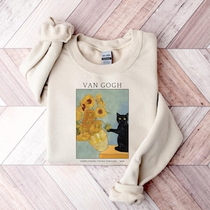 Van Gogh Cat Sweatshirt, Van Gogh Black Cat Hoodie, Cute Black Cat Shirt, Funny Cat Long Sleeve, Cat Lovers Gift, Gift For Her, Trendy Shirt image 2