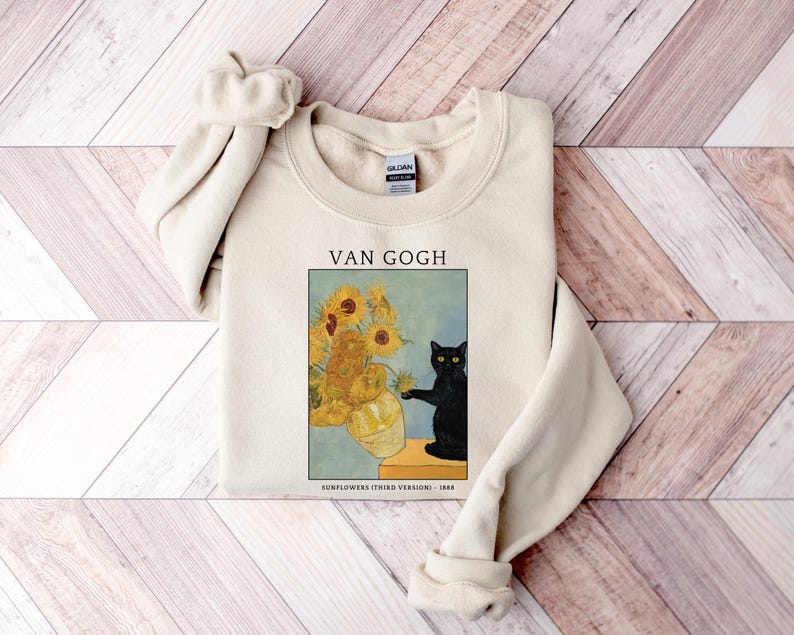 Van Gogh Cat Sweatshirt, Van Gogh Black Cat Hoodie, Cute Black Cat Shirt, Funny Cat Long Sleeve, Cat Lovers Gift, Gift For Her, Trendy Shirt image 2