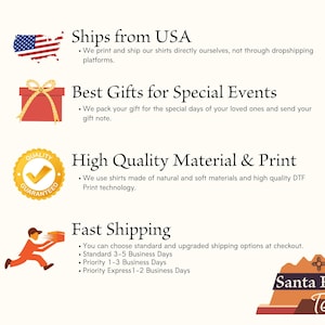 Op de afbeelding: Een afbeelding met tekst en afbeeldingen die een t-shirtmerk promoot. De tekst bevat "Verzending vanuit de VS", "Beste cadeaus voor speciale evenementen", "Hoogwaardig materiaal & print" en "Snelle verzending". Afbeeldingen: Amerikaanse vlag, cadeauverpakking, gouden zegel, rennende figuur.