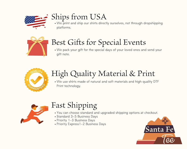 Op de afbeelding: Een afbeelding met tekst en afbeeldingen die een t-shirtmerk promoot. De tekst bevat "Verzending vanuit de VS", "Beste cadeaus voor speciale evenementen", "Hoogwaardig materiaal & print" en "Snelle verzending". Afbeeldingen: Amerikaanse vlag, cadeauverpakking, gouden zegel, rennende figuur.